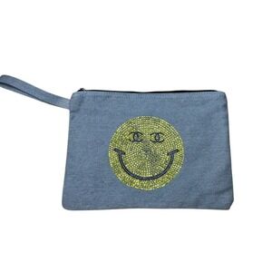 Smiley‎ Face Denim Rhinestone Embellished Clutch Wristlet